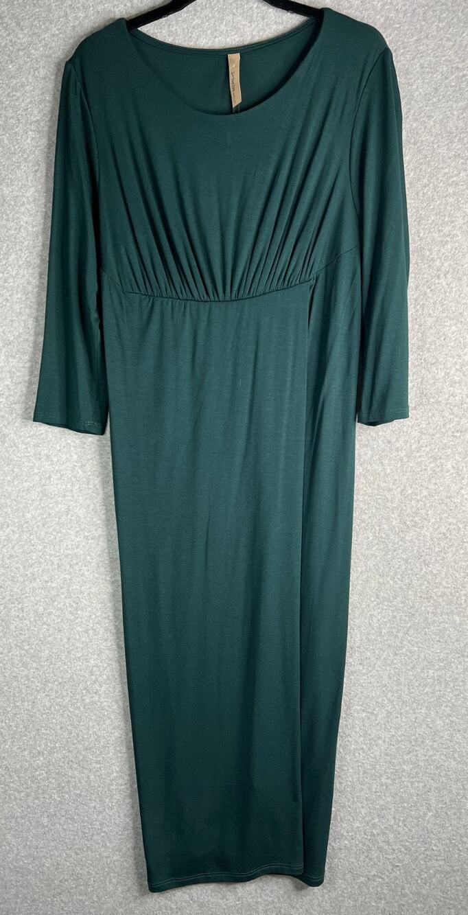 S Twelve Green Bodycon Midi Dress L Empire Waist Ruched 3/4 Sleeve Stretch USA